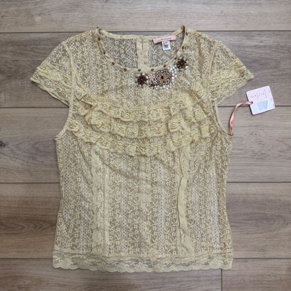 Intuitions Vintage Sheer Lace Real Pearl Beaded Ruffle Romantic Coquette Top 10‎